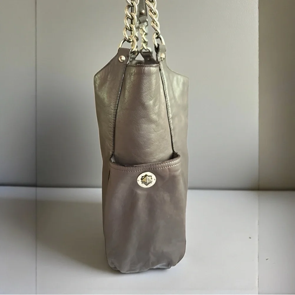 ✨ Kate Spade Taupe Pebbled Leather Chain Tote Large Neutral Shoulder Bag